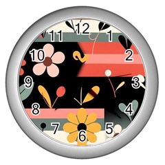  Minimalist Pattern With Simple Lines,flower And Shapes, Creating A Clean And Modern Wall Clock (silver)