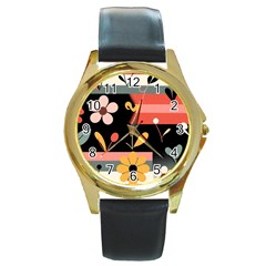  Minimalist Pattern With Simple Lines,flower And Shapes, Creating A Clean And Modern Round Gold Metal Watch by myclothy