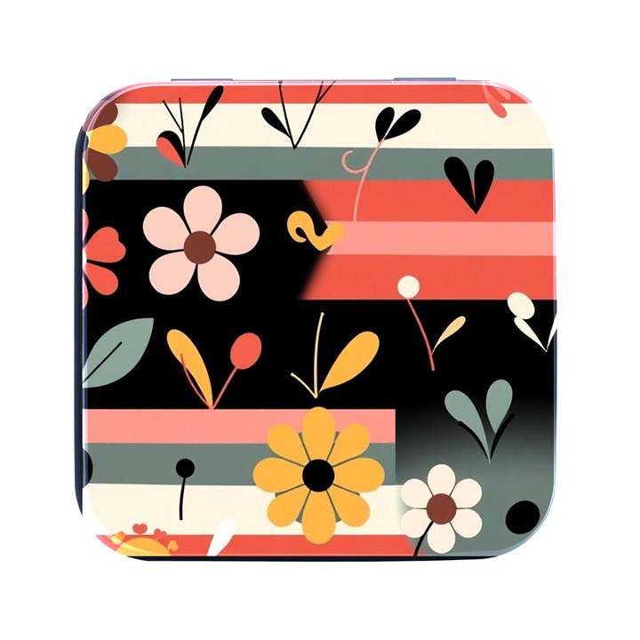  Minimalist Pattern With Simple Lines,flower And Shapes, Creating A Clean And Modern Square Metal Box (Black)