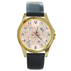  Minimalist Pattern With Simple Lines,flower And Shapes, Creating A Clean And Modern Round Gold Metal Watch