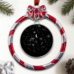 Cosmic Black Space Star Metal Red Ribbon Round Ornament