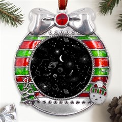 Cosmic Black Space Star Metal X mas Ribbon With Red Crystal Round Ornament