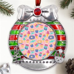 Ice Cream Donut Sweets Candie Metal X mas Ribbon With Red Crystal Round Ornament by Apenda