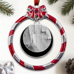 Wall With Cracked White Paint Texture Metal Red Ribbon Round Ornament