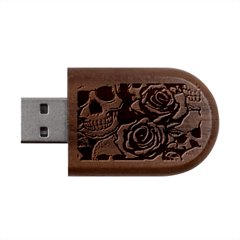 Roses And Skulls Wood Oval Usb Flash Drive