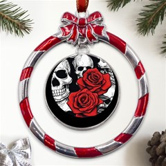 Roses And Skulls Metal Red Ribbon Round Ornament by pollyparadiseartshop