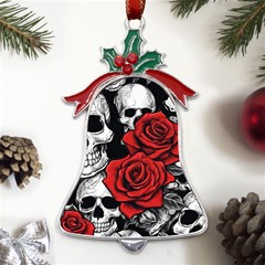 Roses And Skulls Metal Holly Leaf Bell Ornament