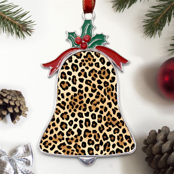 Leopard Metal Holly Leaf Bell Ornament