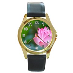 Pink Flowers Round Gold Metal Watch by ironman2222