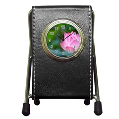 Pink Flowers Pen Holder Desk Clock