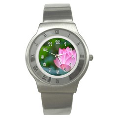 Pink Flowers Stainless Steel Watch