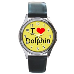 I Love Dolphin Black Leather Watch (round) by CowCowDemo