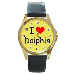 I Love Dolphin Black Leather Gold Rim Watch (round) by CowCowDemo