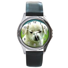 Dog1 Black Leather Watch (round)