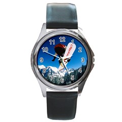 Snowboard Sport Airborne Black Leather Watch (round) by ArtsCafecom3