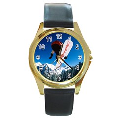 Snowboard Sport Airborne Round Gold Metal Watch