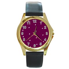 Purple White Dots Round Gold Metal Watch