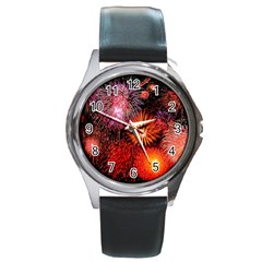 Fireworks Black Leather Watch (round)