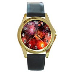 Fireworks Black Leather Gold Rim Watch (round)