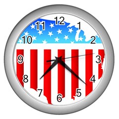 Usa Flag Map Silver Wall Clock by level3101