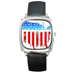 Usa Flag Map Black Leather Watch (square)