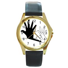 Rabbit Hand Shadow Black Leather Gold Rim Watch (round) by rabbithandshadow