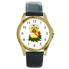 Coming Bird Black Leather Gold Rim Watch (round) by ComingBird