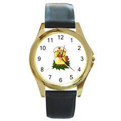 Coming Bird Black Leather Gold Rim Watch (round) by ComingBird