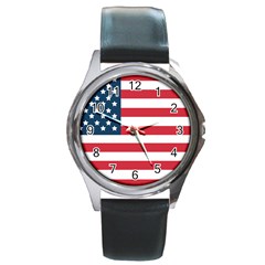 Flag Black Leather Watch (round) by tammystotesandtreasures