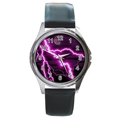 Purple Lightning Black Leather Watch (round)