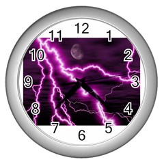 Purple Lightning Silver Wall Clock