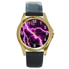 Purple Lightning Black Leather Gold Rim Watch (round)