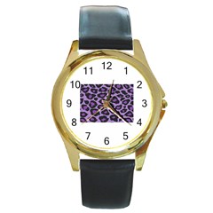 Purple Leopard Print Black Leather Gold Rim Watch (round)