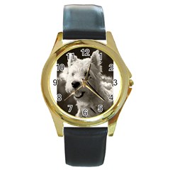 Westie Puppy Black Leather Gold Rim Watch (round)