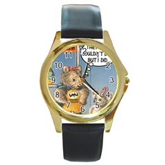 Wombat Woman Black Leather Gold Rim Watch (round)