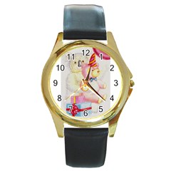 Koala And Bear  Black Leather Gold Rim Watch (round) by Koalasandkangasplus